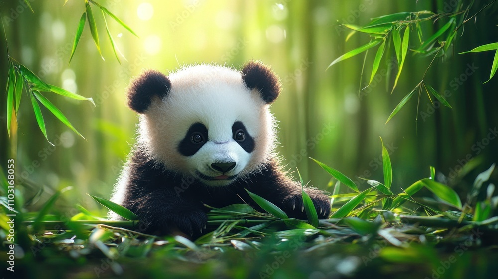Fototapeta premium Adorable Panda Cub in Bamboo Forest