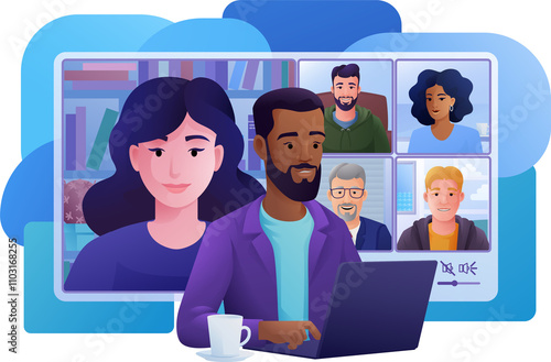 Man Online Video Call Team Meeting Laptop Cartoon