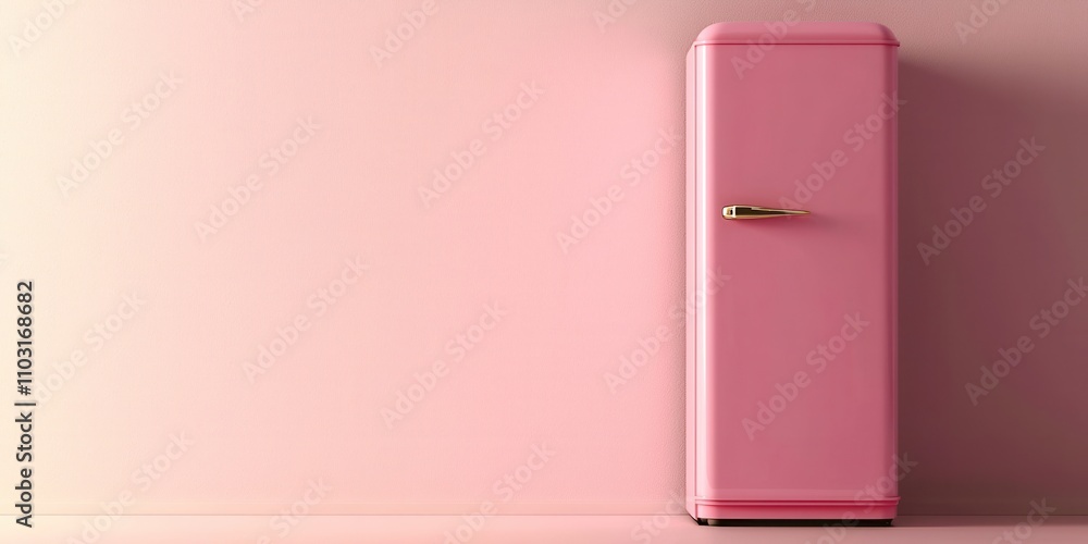 Pink refrigerator is standing in front of a pink wall