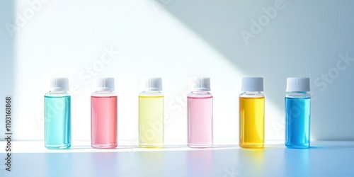 Row of six bottles of different colored liquids