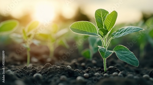 This image captures the essence of growth with a seedling emerging from rich soil, kissed by the morning sun, representing renewal and potential. photo