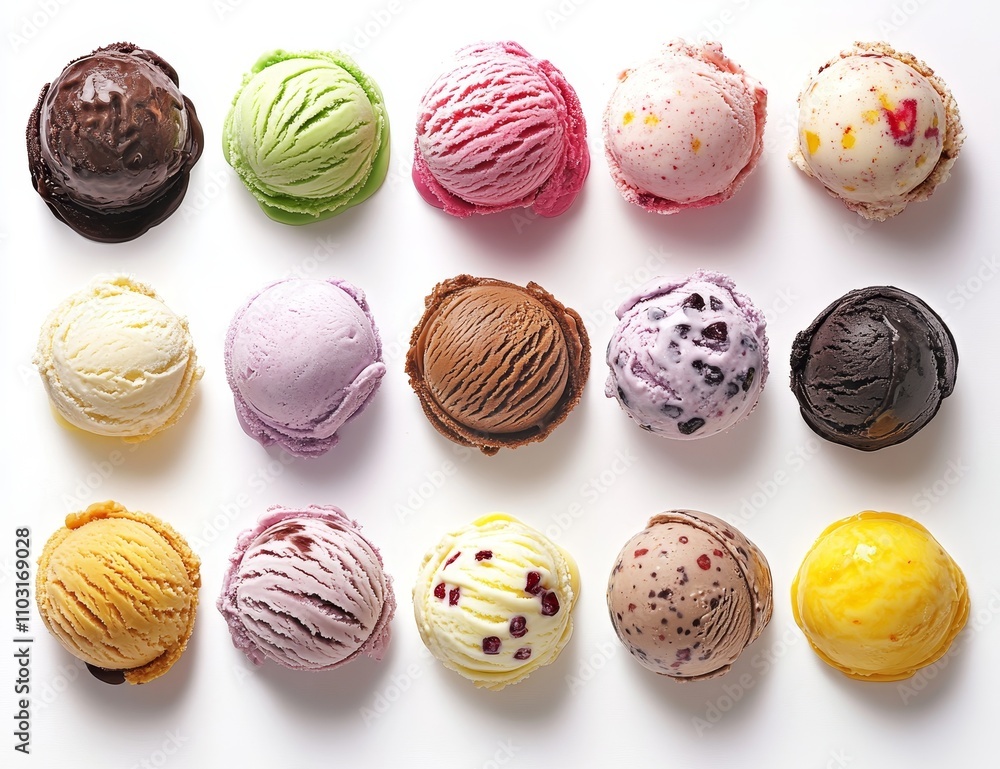 Top view of assorted ice cream scoops in various flavors isolated on white background. Top view of assorted ice cream scoops in various flavors isolated on white background.