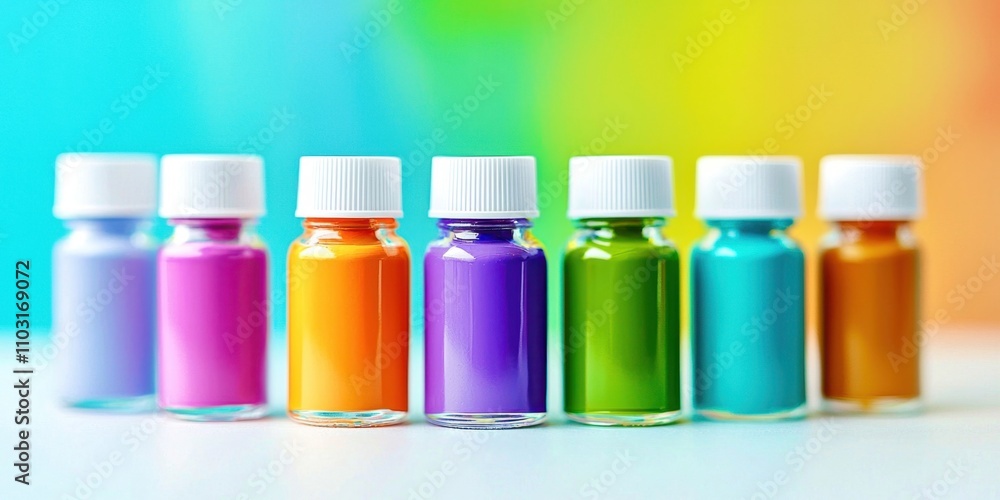 Row of colorful bottles of paint Row of colorful bottles of paint
