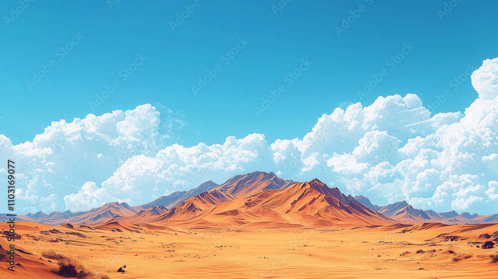 Naklejka premium A vast desert landscape with golden sand dunes stretching into the horizon, showcasing dramatic lighting and shadows under a fiery orange sky.