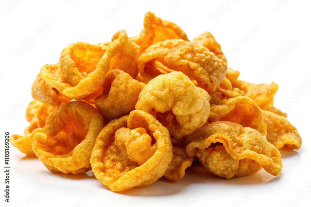 Crispy Fried Pork Rinds Macro Photography - Delicious Snack, Crunchy Texture, Savory Taste, White Background, Appetizing Food, Crispy Fried Pork Rinds Macro Photography - Delicious Snack, Crunchy Texture, Savory Taste, White Background, Appetizing Food,