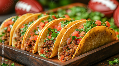 Tasty beef tacos garnished with fresh tomatoes and cilantro on a wooden tray