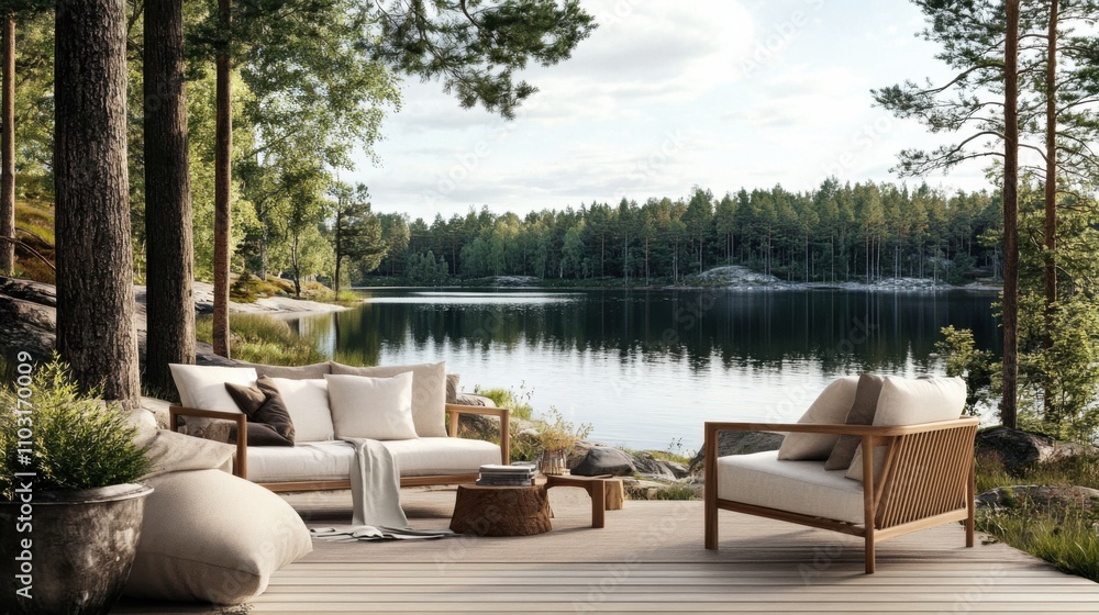 Fototapeta premium Tranquil Lakeside Retreat with Modern Outdoor Furniture and Nature
