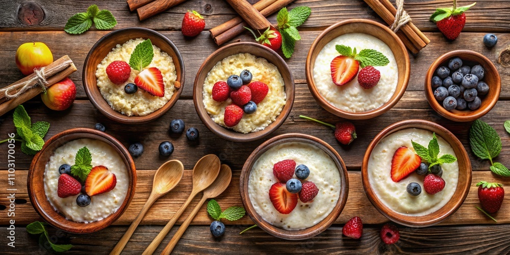 Delicious Rice Pudding Bowls from Above with Blank Space for Text, Perfect for Food Photography, Recipes, and Dessert Inspiration Delicious Rice Pudding Bowls from Above with Blank Space for Text, Perfect for Food Photography, Recipes, and Dessert Inspiration
