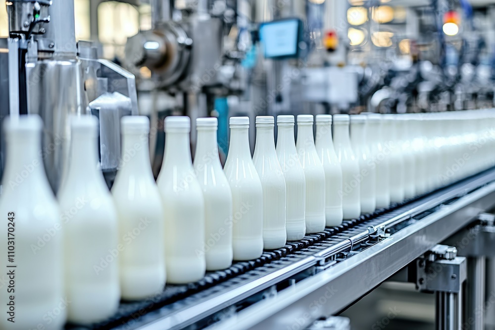 Close-up of milk bottles on a conveyor belt in a production facility. Close-up of milk bottles on a conveyor belt in a production facility.