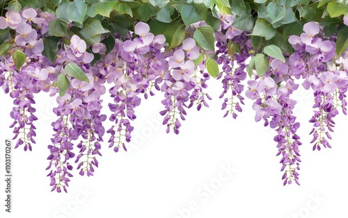 Delicate purple wisteria flowers hanging from green vine against a white background. photo