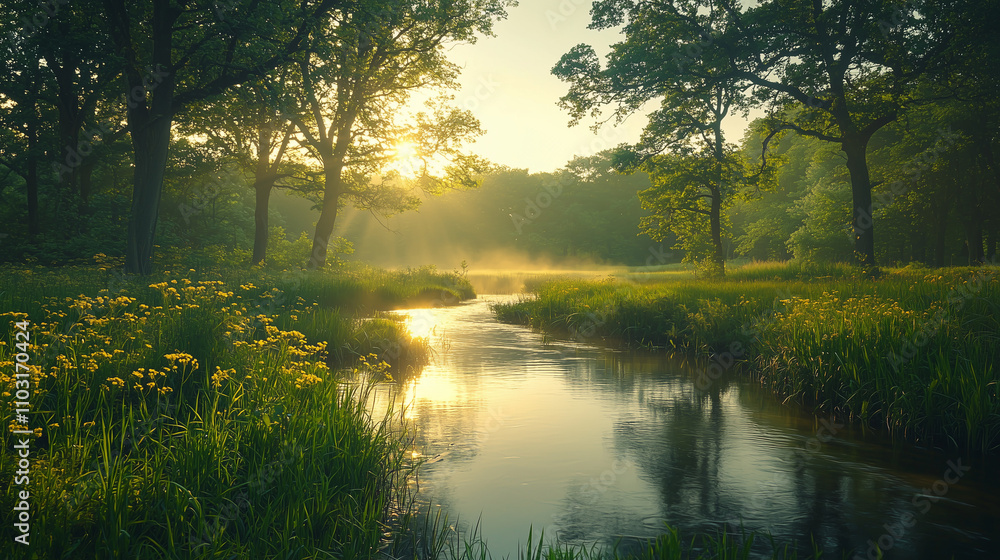 A serene natural landscape featuring a gently flowing river surrounded by trees, with soft sunlight filtering through, creating a peaceful and calming atmosphere. A serene natural landscape featuring a gently flowing river surrounded by trees, with soft sunlight filtering through, creating a peaceful and calming atmosphere.