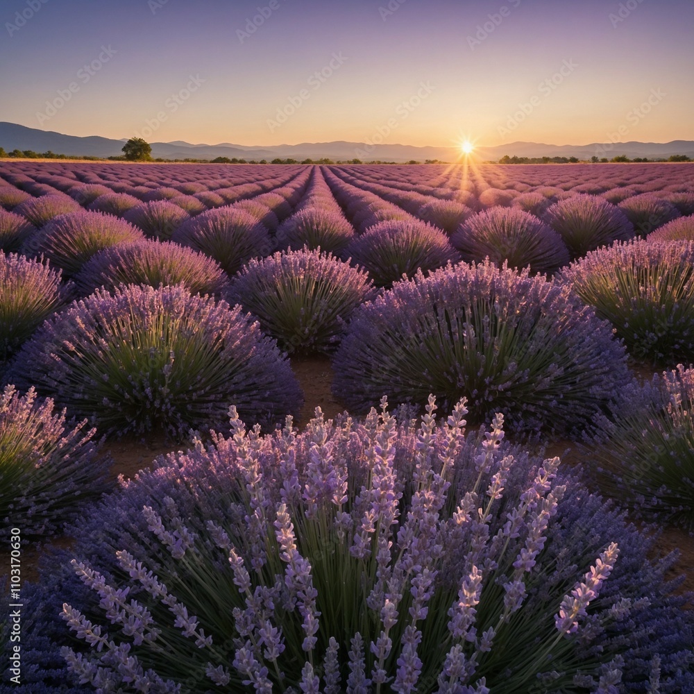Obraz premium A lavender field at sunrise with a bright, cloudless sky.