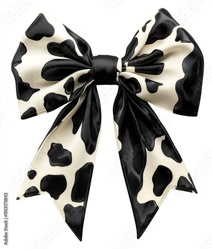 Black and white cow print pattern on a silk bow, in a clipart style, isolated on white