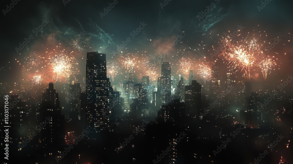 Fototapeta premium New year's eve scene in the city with skyscrapers at dark sky