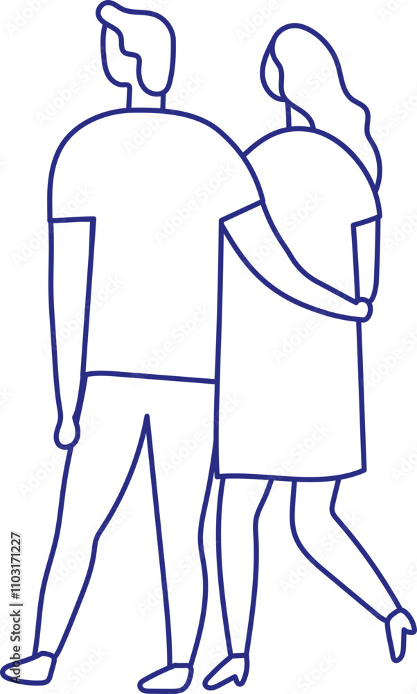 Stylized vector art line hand drawn couple in love silhouette isolated.