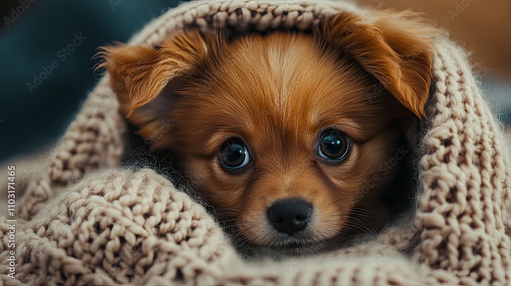 Cute Puppy Wrapped in a Knitted Blanket Cute Puppy Wrapped in a Knitted Blanket