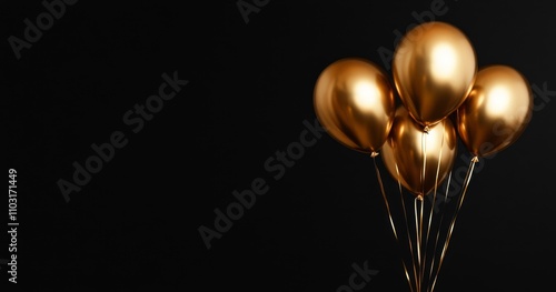 Gold balloons on black background, party decoration.