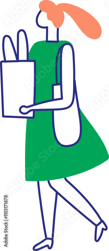 Stylized vector art line hand drawn woman with groceries in paper bag silhouette isolated. Human body