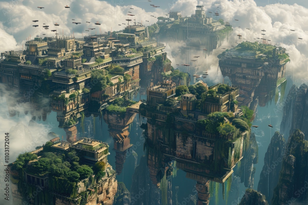 Fototapeta premium Floating Cities Above Cloudy Landscape with Flying Ships