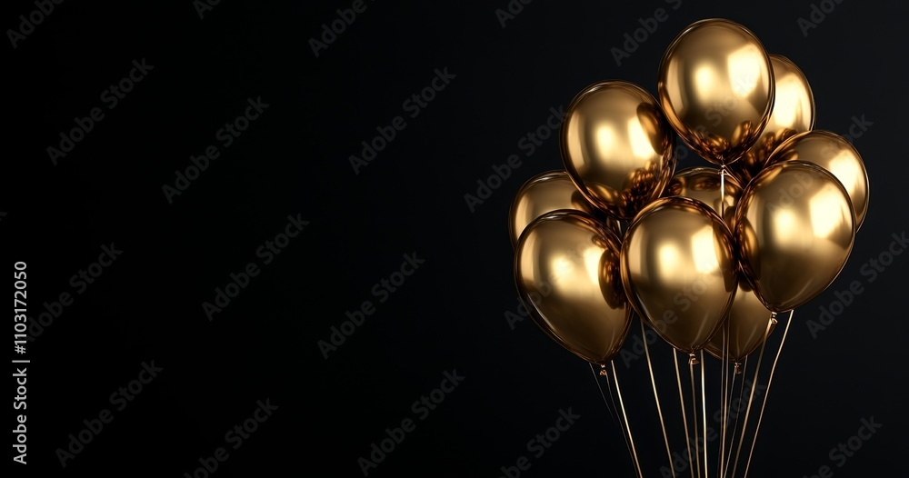 A cluster of shiny gold balloons against a black background. A cluster of shiny gold balloons against a black background.