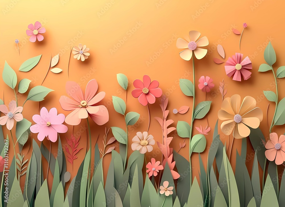 3D render of a plasticine cartoon-style vector illustration with a background featuring various flowers and leaves on a pastel orange background.