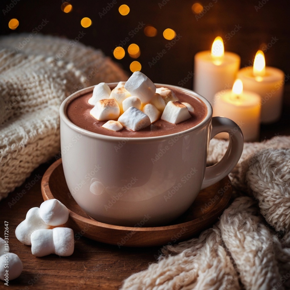 A mug of hot chocolate with marshmallows on a wooden table A mug of hot chocolate with marshmallows on a wooden table