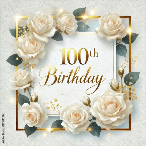 Beautiful floral design celebrating a 100th birthday with white roses and golden accents.