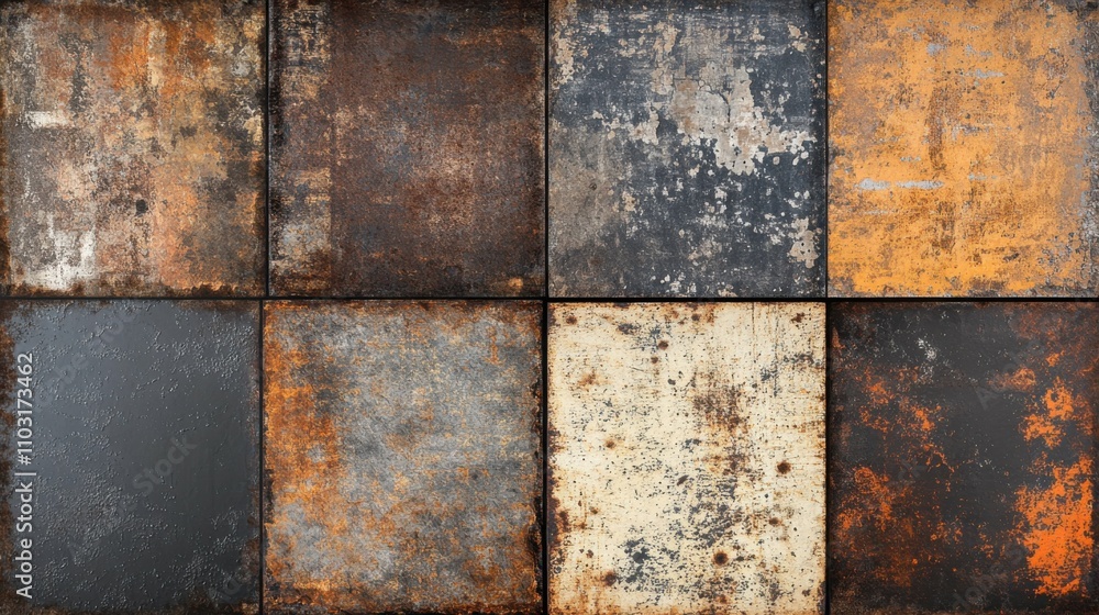 Rusty metal panels with weathered texture, grunge and industrial, peeling paint and rust, distressed and worn, raw look, abandoned factory vibe, aged materials Rusty metal panels with weathered texture, grunge and industrial, peeling paint and rust, distressed and worn, raw look, abandoned factory vibe, aged materials