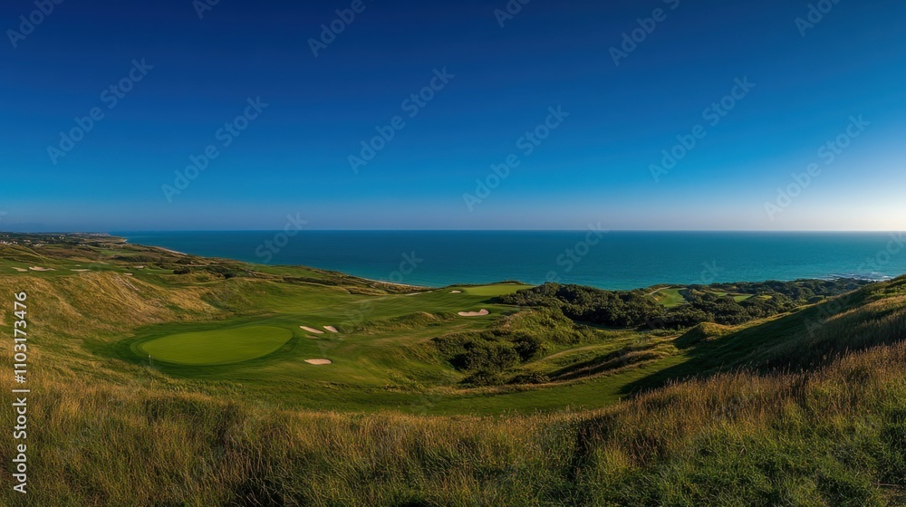 Obraz premium Scenic Golf Course Overlooking Ocean with Blue Sky and Green Grass