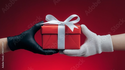 A photo of a pair of hands gently holding a red gift box with a white ribbon against a vibrant red background. The gift box is wrapped with red paper and ai generated