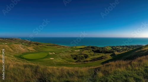 Scenic Golf Course Overlooking Ocean with Blue Sky and Green Grass