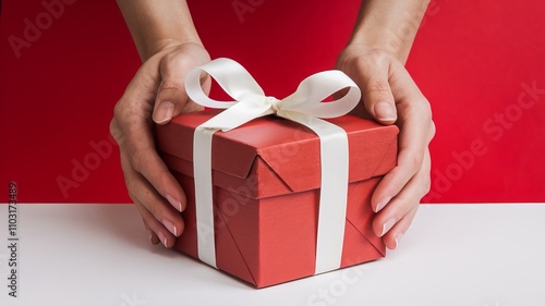 A photo of a pair of hands gently holding a red gift box with a white ribbon against a vibrant red background. The gift box is wrapped with red paper and ai generated