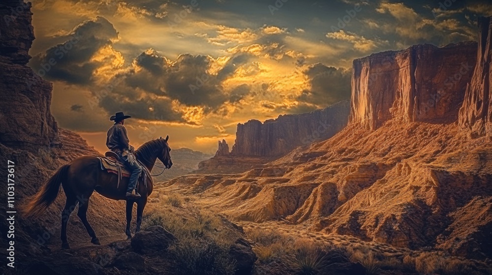 Naklejka premium Elegant western scene of a cowboy riding a horse through a rugged desert canyon