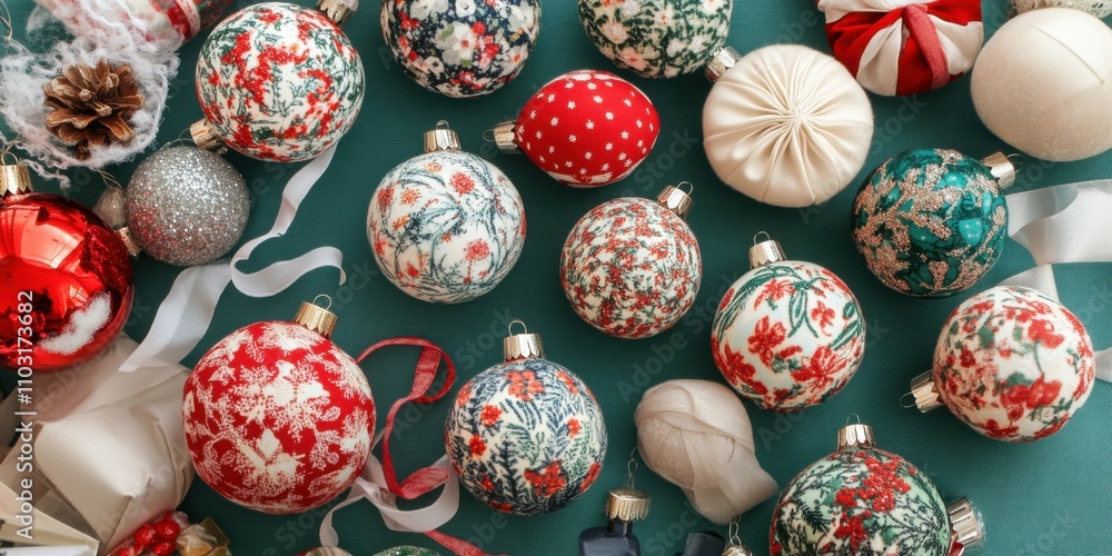 Top view of a collection of Christmas-themed fabric ornaments arranged on a table, surrounded by craft supplies like ribbons, glitter, and glue. Top view of a collection of Christmas-themed fabric ornaments arranged on a table, surrounded by craft supplies like ribbons, glitter, and glue.