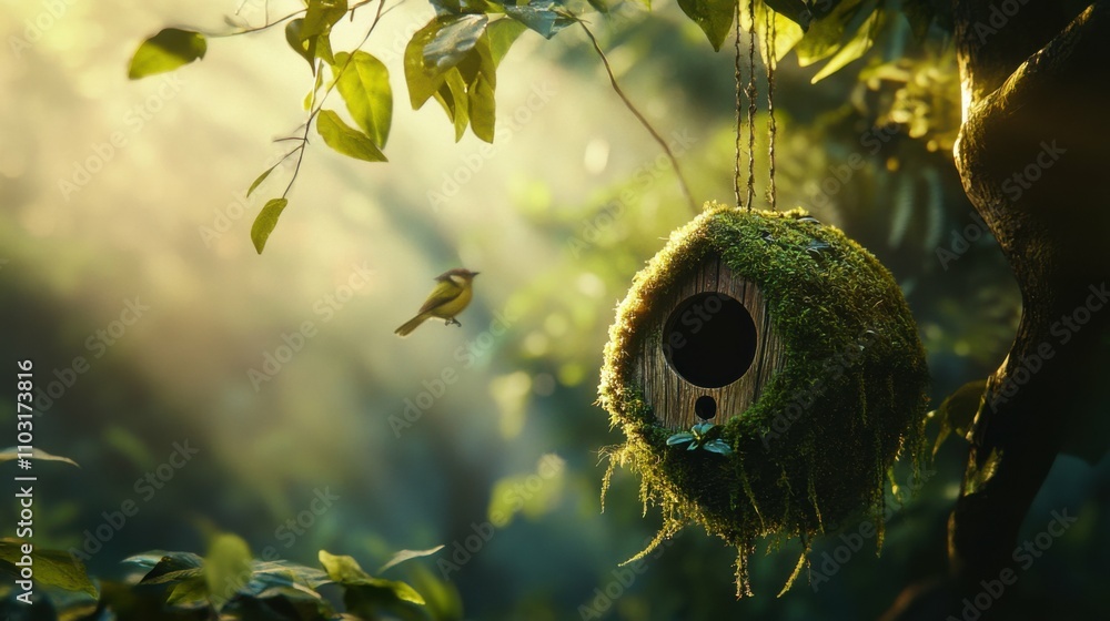Hanging birdhouse covered in moss, nestled in a forest setting, rustic and natural look, dappled sunlight through leaves, peaceful and harmonious with nature Hanging birdhouse covered in moss, nestled in a forest setting, rustic and natural look, dappled sunlight through leaves, peaceful and harmonious with nature