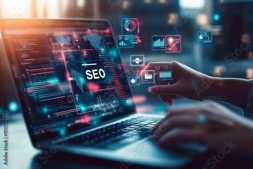 Mit SEO - Search Engine Optimization Techniken und Strategien die Sichtbarkeit und das Ranking einer Website erhöhen, Gewinn und Verkaufszahlen durch SEO erhöhen, Marketing Strategie Konzept mit SEO