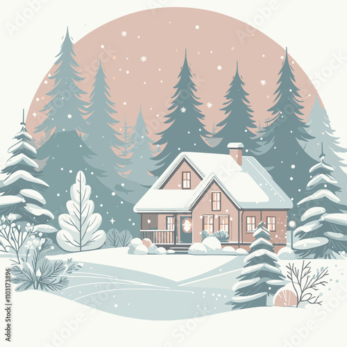 Cozy winter house surrounded by snow-covered trees in a serene landscape