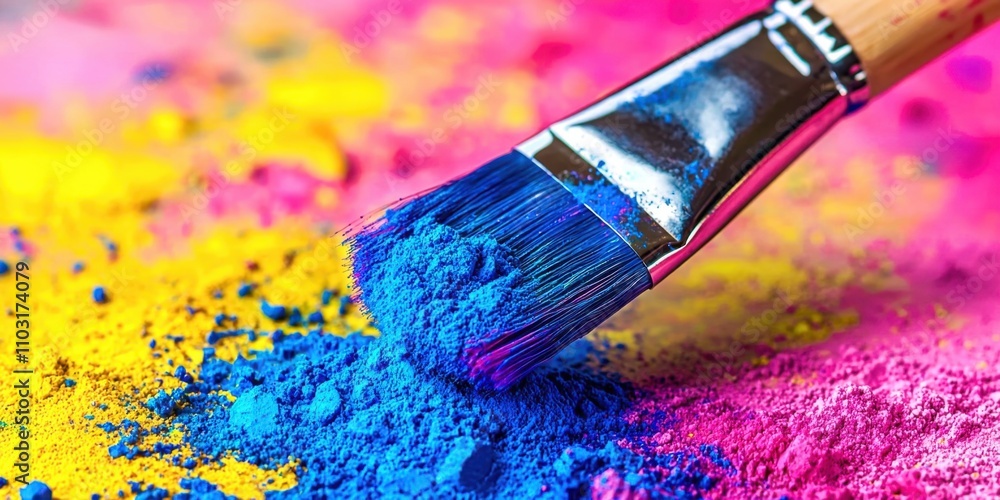 Fototapeta premium Paintbrush is laying on a pile of blue and yellow powder