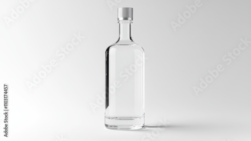 Minimalistic sleek vodka bottle with clear glass and elegant silver accents, perfect for modern bar aesthetics.