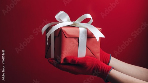 A photo of a pair of hands gently holding a red gift box with a white ribbon against a vibrant red background. The gift box is wrapped with red paper and ai generated