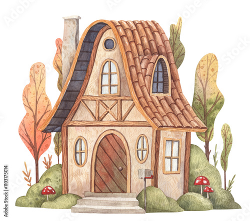 Cozy cottage watercolor illustration - wooden family house with curved tile roof surrounded by stylized trees and bushes. Aquarelle hand painted scene for postcards, book illustration