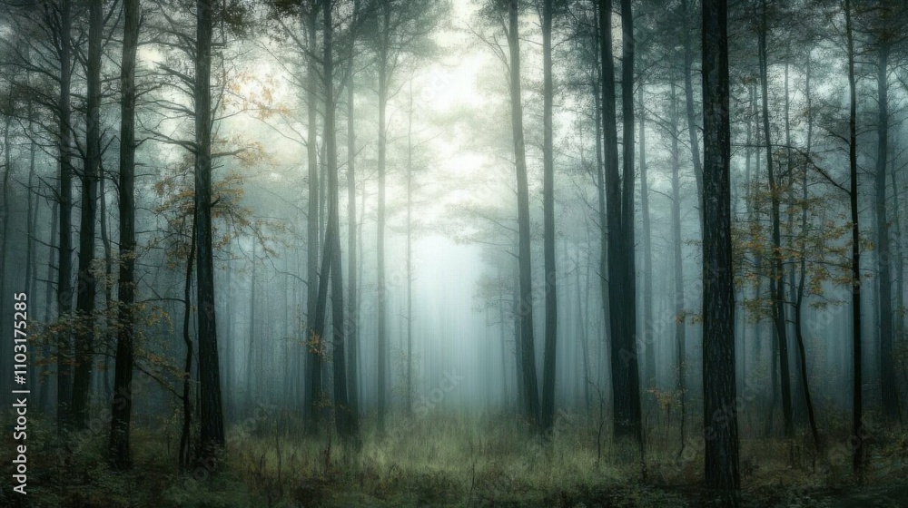 Mystical foggy forest with tall, dense trees and soft sunlight filtering through Mystical foggy forest with tall, dense trees and soft sunlight filtering through