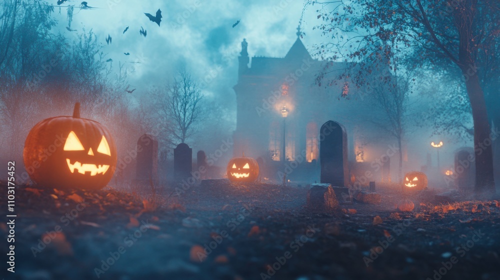 Halloween-themed scene with glowing jack-o'-lanterns in a foggy graveyard Halloween-themed scene with glowing jack-o'-lanterns in a foggy graveyard