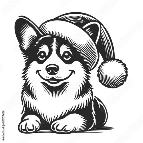 Cute santa corgi dog wearing a Santa hat, smiling cheerfully