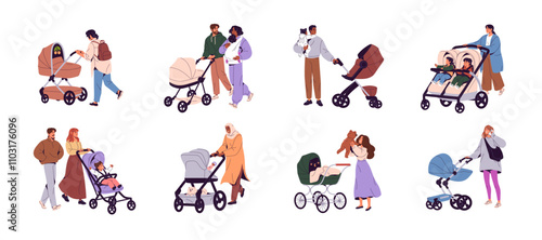 Families with strollers set. Happy parents walk with baby, push carriage. Mother strolls twins in tandem buggy. Moms and fathers with kids in pram outdoors. Flat isolated vector illustrations on white