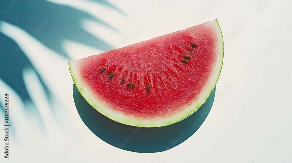 Sliced watermelon on a white background, bright red flesh, juicy and fresh, simple composition, summer vibes, healthy snack, close-up photography