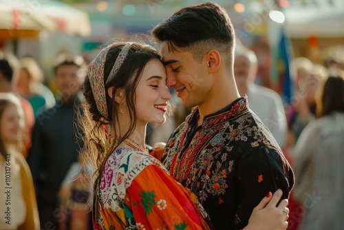 Couple embracing during a cultural festival photo