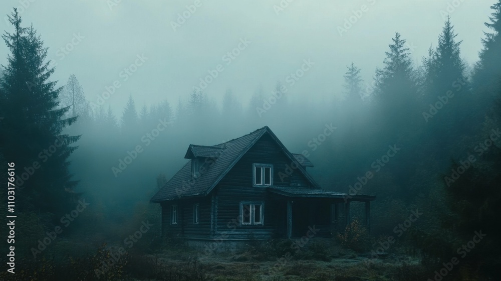 Mysterious old house in the middle of a dark, foggy forest Mysterious old house in the middle of a dark, foggy forest