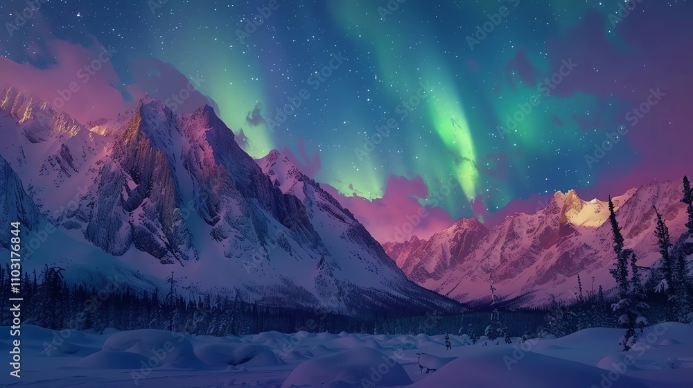 The Aurora Borealis shines above a snowy mountain range. The Aurora Borealis shines above a snowy mountain range.