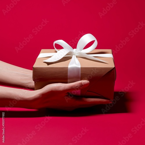A photo of a pair of hands gently holding a red gift box with a white ribbon against a vibrant red background. The gift box is wrapped with red paper and ai generated